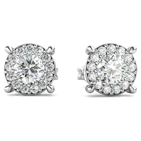 Cate & Chloe Raylee White Gold Stud Earrings, 18k Gold Plated Studs with Swarovski Crystals, Halo Stud Earring Set with Round Cut Solitaire Swarovski Crystal