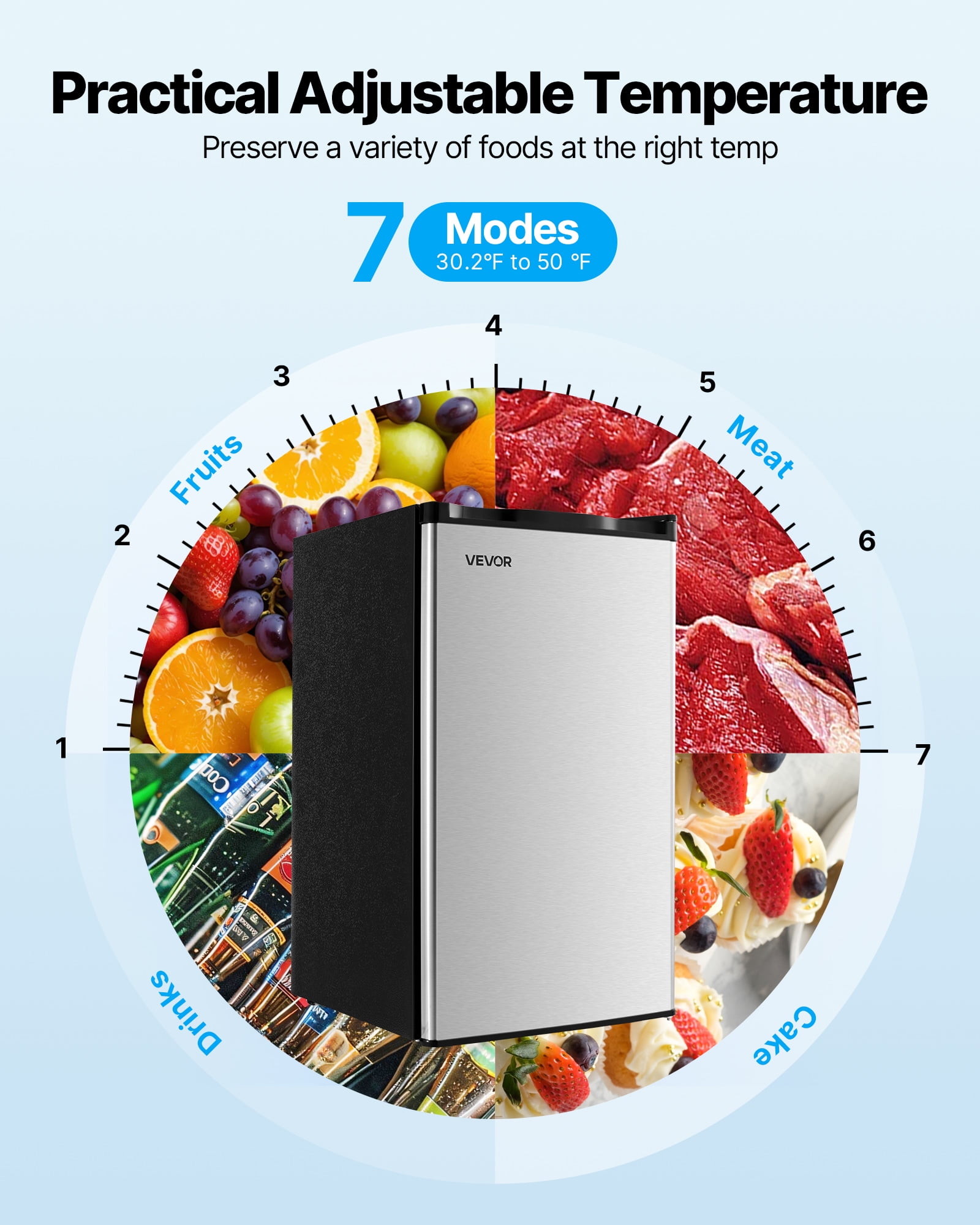 VEVOR Mini Fridge, 3.2 Cu.Ft, Single Door Compact Refrigerator, Adjustable Temperature,Glass Shelf, Energy Efficient Small Refrigerator,Reversible Door, Low Noise,for Bedroom Dorm Office,Stainless