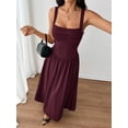 thumbnail image 4 of Petite Womens Maroon Solid Square Neck Ruched Flared Maxi Dress For Spring Summer, 4 of 8