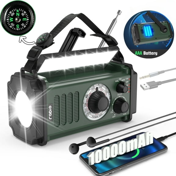 Skyhot 10000mAh Portable Hand Crank Solar Emergency Weather Radio with NOAA/AM/FM/Type-C USB Charging Radios/LED Reading Light/SOS/Compass for Outdoor Camping/Hiking/Travelling