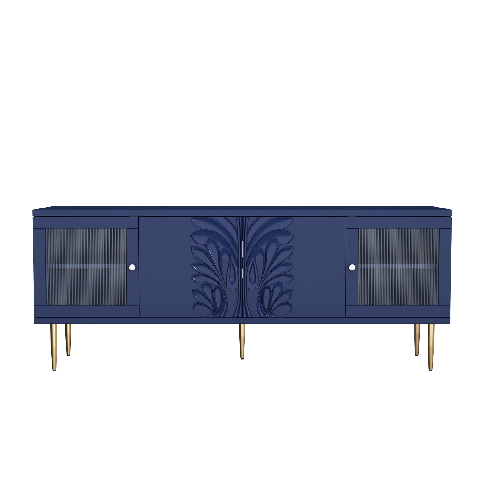 HLR 63" Modern Wood TV Stand with 3D Flower Pattern for TV Up To 75", Entertainment Center with Storage, Navy Blue