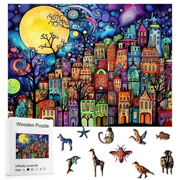 Wooden Jigsaw Puzzle, Colorful City Night Scene with Moon & Unique Shapes, 5A Difficulty L Size, Artistic Home Decor & Gift for Adults