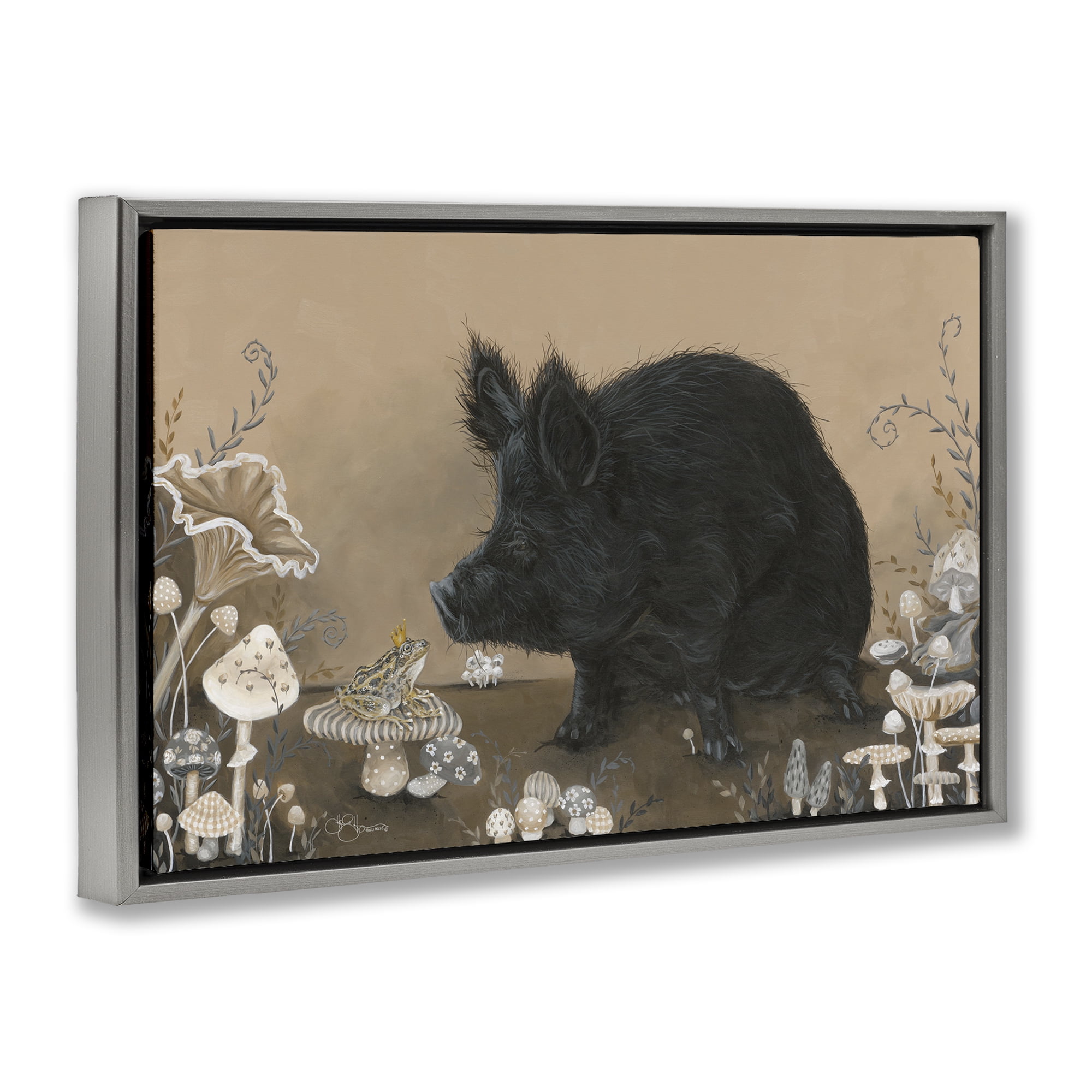 Stupell Industries Hog & Frog with Mushrooms Animals & Insects Painting Gray Floater Framed Canvas Art Print Wall Art, 25 x 17