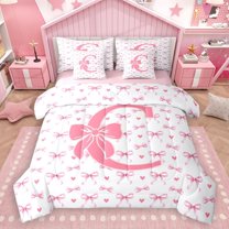 Homewish Initial Alphabet D Girl 7 Pieces Bedding Comforter Set,Kawaii Pink Bowtie Full Bedding Set Lightweight,Dreamy Princess Fitted Sheet Flat Sheet,Super Cozy Room Decor,Reversible