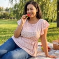 thumbnail image 2 of Agnes Orinda Women's Plus Size Blouses Round Neck Floral Tie Waist Short Flare Sleeve Tops 2X Pink, 2 of 8