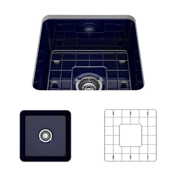 BOCCHI Sotto Undermount Fireclay 18 in. Single Bowl Kitchen Sink with Protective Bottom Grid and Strainer in Sapphire Blue
