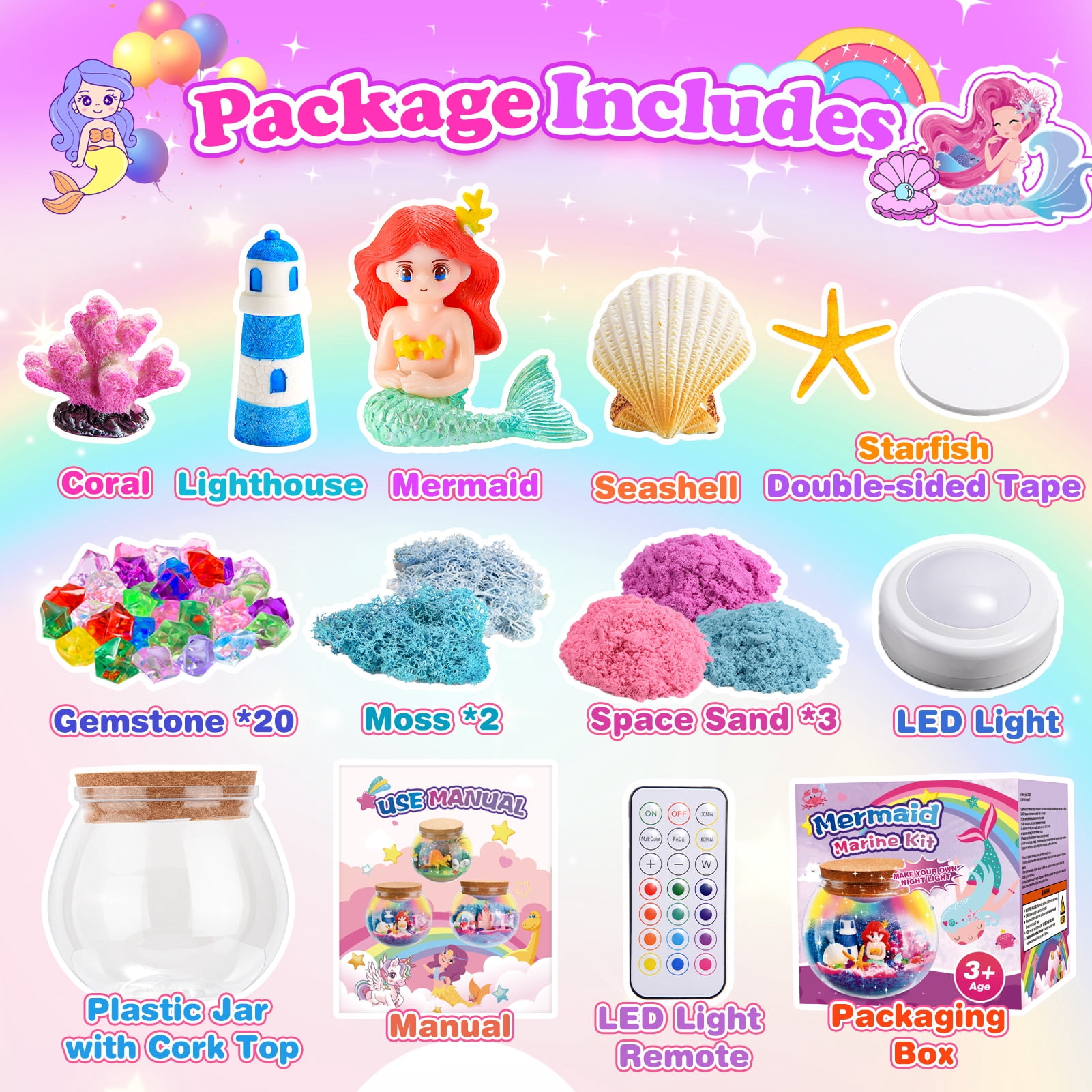 Craft Kits for Kids Girls Age 3-9, Light-up Mermaid Terrarium Kit for Kids, Gifts for 3 4 5 6 7 8 Year Old Girls, Remote Night Light Toys Gifts for 5-7 6-8 8-12 Year Old Girls