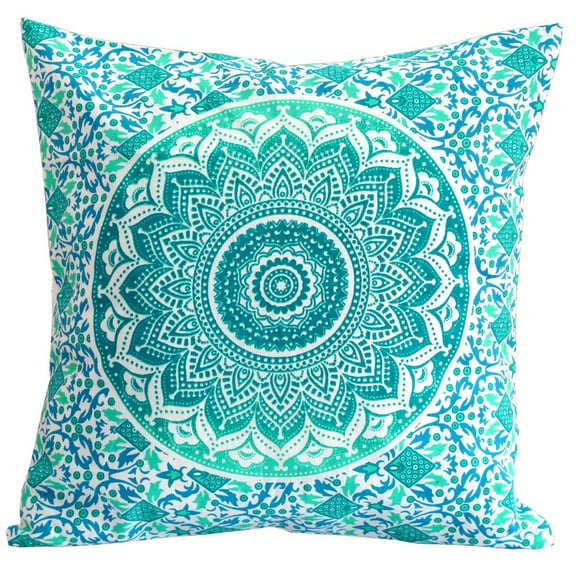 Stylo Culture Indian Sofa Throw Pillow Cover 16x16 Printed Floral Green Traditional 40x40 cm Home Decor Cotton Mandala Ombre Square Cushion Cover | 1 Pc