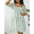 thumbnail image 4 of VISgogo Vestido corto femenino, cuello cuadrado de color sólido, manga corta abullonada, corte bajo, de una pieza para verano, rosa/amarillo, S/M/L/XL/XXL VISgogo  moda, 4 of 9