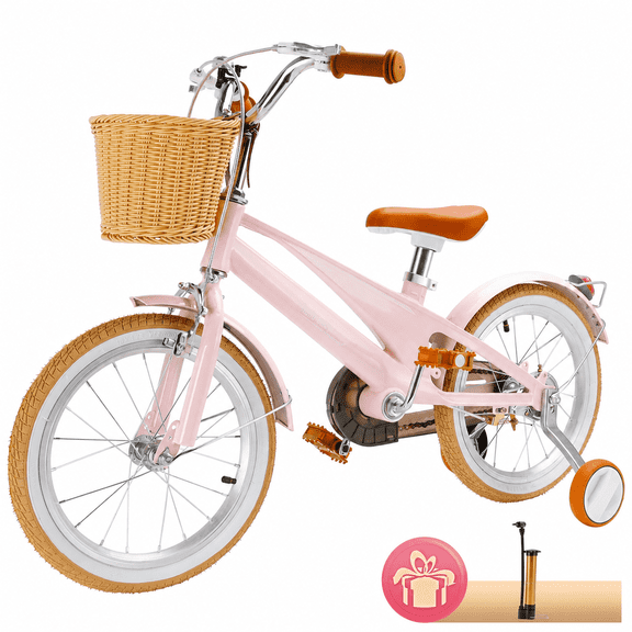 Girls Boys Bike for 4-9 Years Old Toddlers and Kids, 16 Inch Kids Bike with Training Wheels, Basket, Dual Brake, Retro Style Children Bicyle
