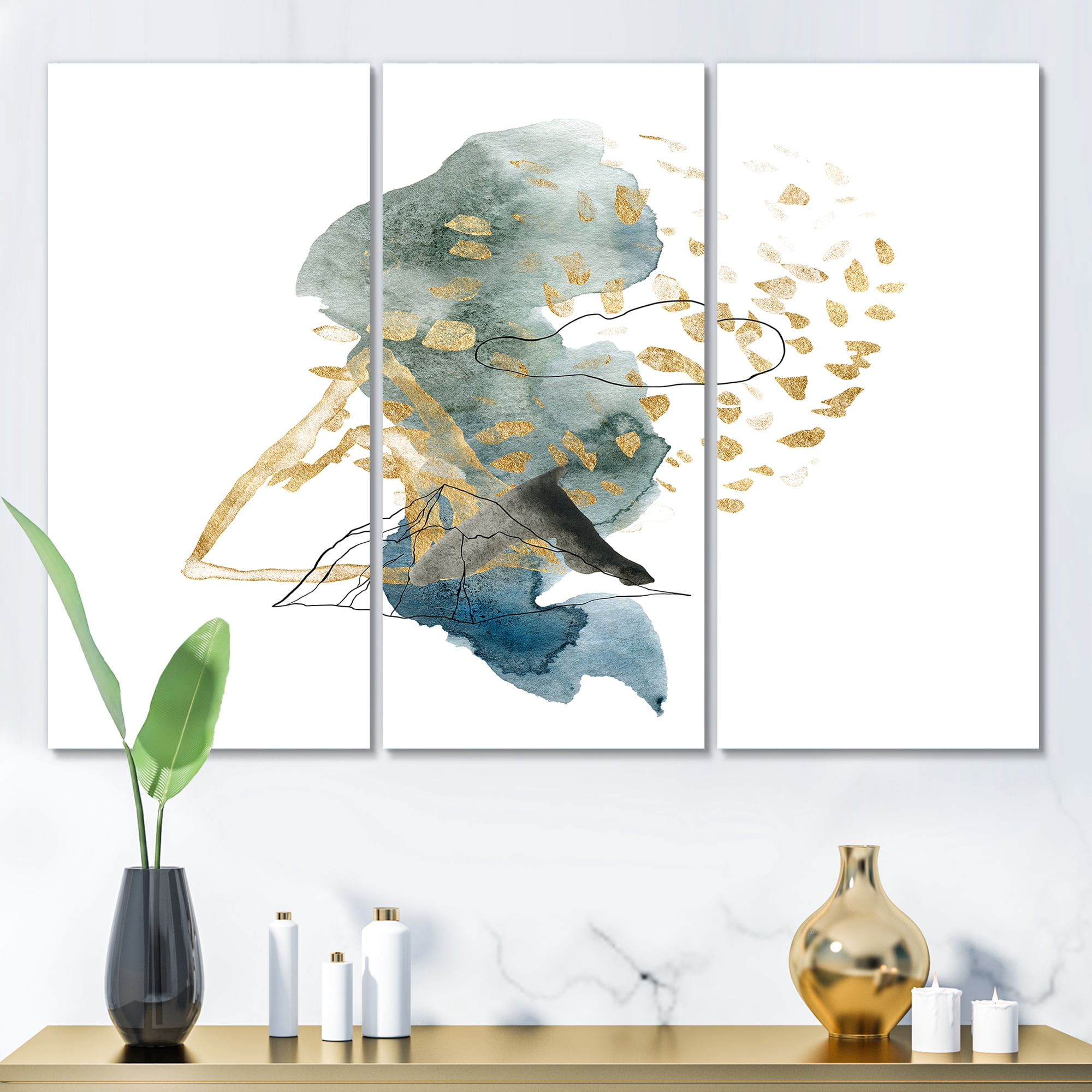 Gold Strokes and Landscape of Dark Blue Mountains I 28 in x 36 in Painting Canvas Art Print, by Designart