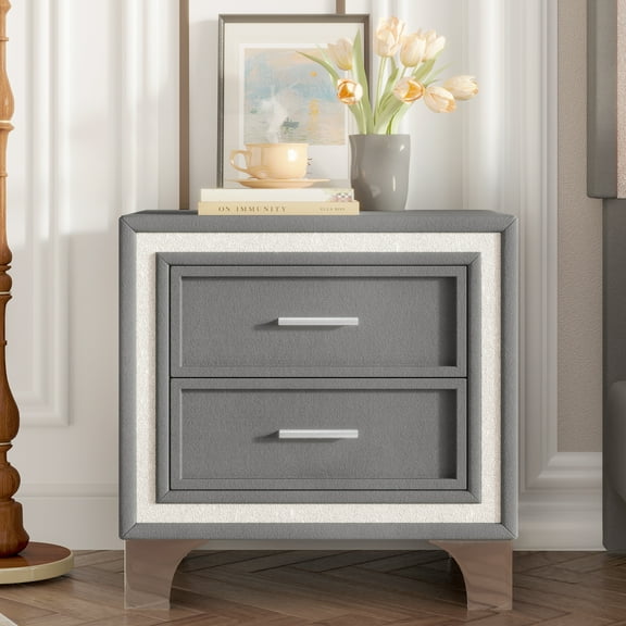 Euroco Mid Century Nightstand with with Silver Glitter Strip Decor,Rectangular Simple End Bedside Table with 2 Drawers,Gray