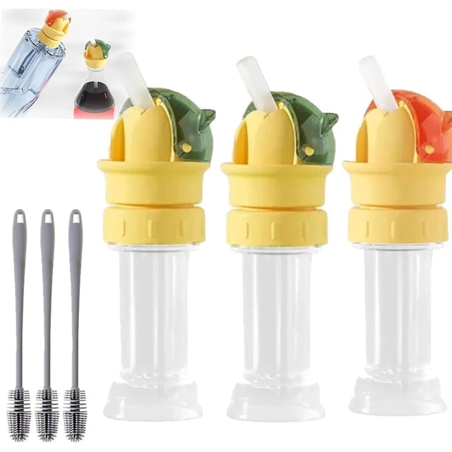 tapa de pajita reutilizable para botella de agua para bebidas para niños set de 3 (G+G+R) — tapas 2 en 1 con cuerpo amarillo y boquilla giratoria de silicona; vista frontal con adaptador transparente roscado para botellas estándar y tres cepillos de limpieza incluidos; diseño portátil y a prueba de fugas, ideal para convertir botellas en vasos con pajita durante viajes cortos.