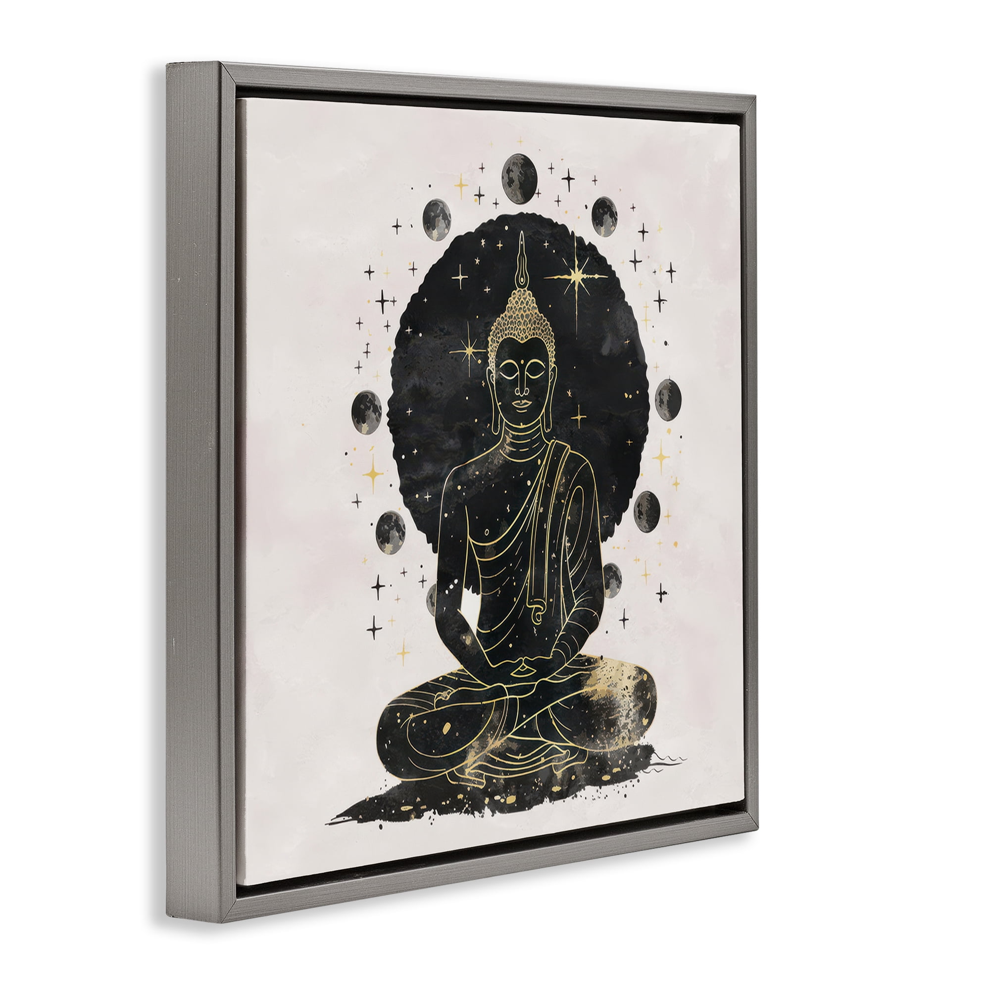 Stupell Industries Gilded Sitting Buddha Religious & Spiritual Painting Gray Floater Framed Canvas Art Print Wall Art, 18 x 18