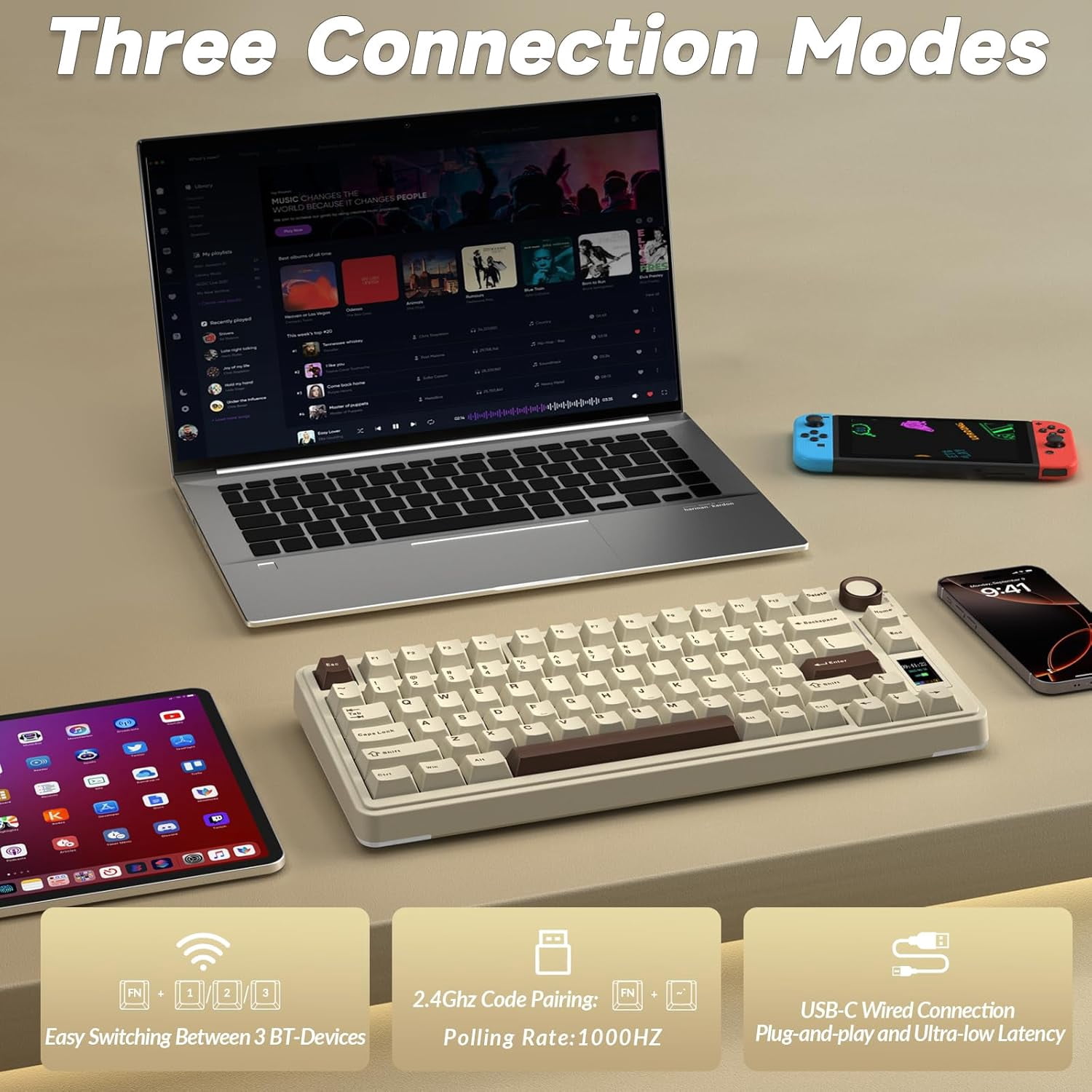 S75 PRO Wireless Mechanical with Screen&Knob, 75% Hot Swappable Gaming with Pre-lubed Switches, RGB Backlit, PBT Keycaps, Creamy Sounding Computer s