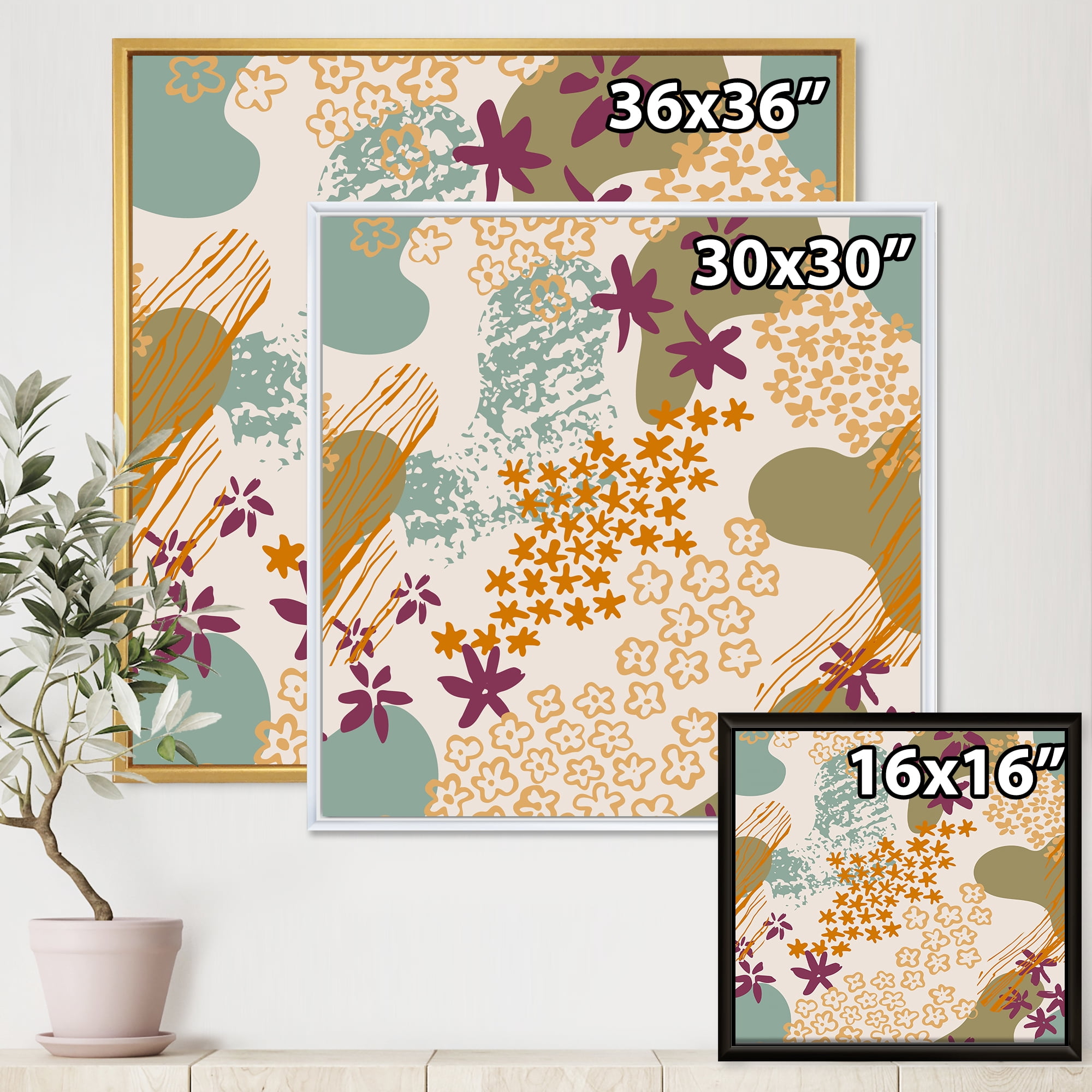 Designart 'Fluid Shapes and Flowers Silhouettes' Modern Framed Canvas Wall Art Print