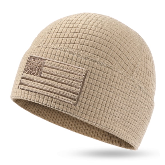Grid Fleece Beanie with American Flag Embroidery Waffle Tactical Army Military Skull Cap