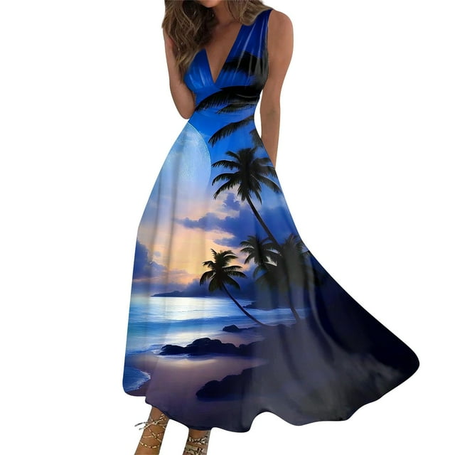 Robes d'Été pour Femmes Colorées, Fluides, Décontractées, Sans Manches, Robes Maxi, Tenue de Plage Hawaïenne avec Encolure en V