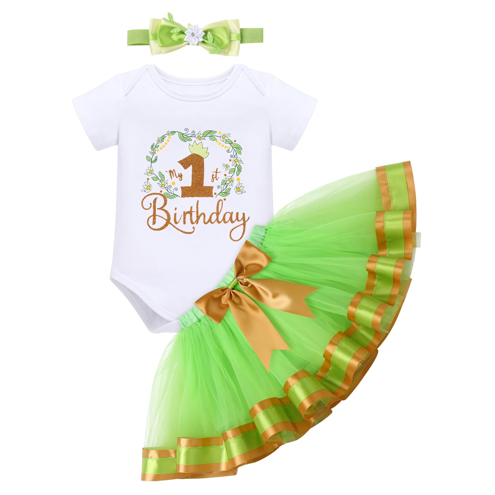 IBTOM CASTLE Baby Girls 1st Birthday Outfit Princess One Cosplay Character Romper Tutu Dress Headband Party Clothes for Photo Shoot 1 Year Green - Tiana