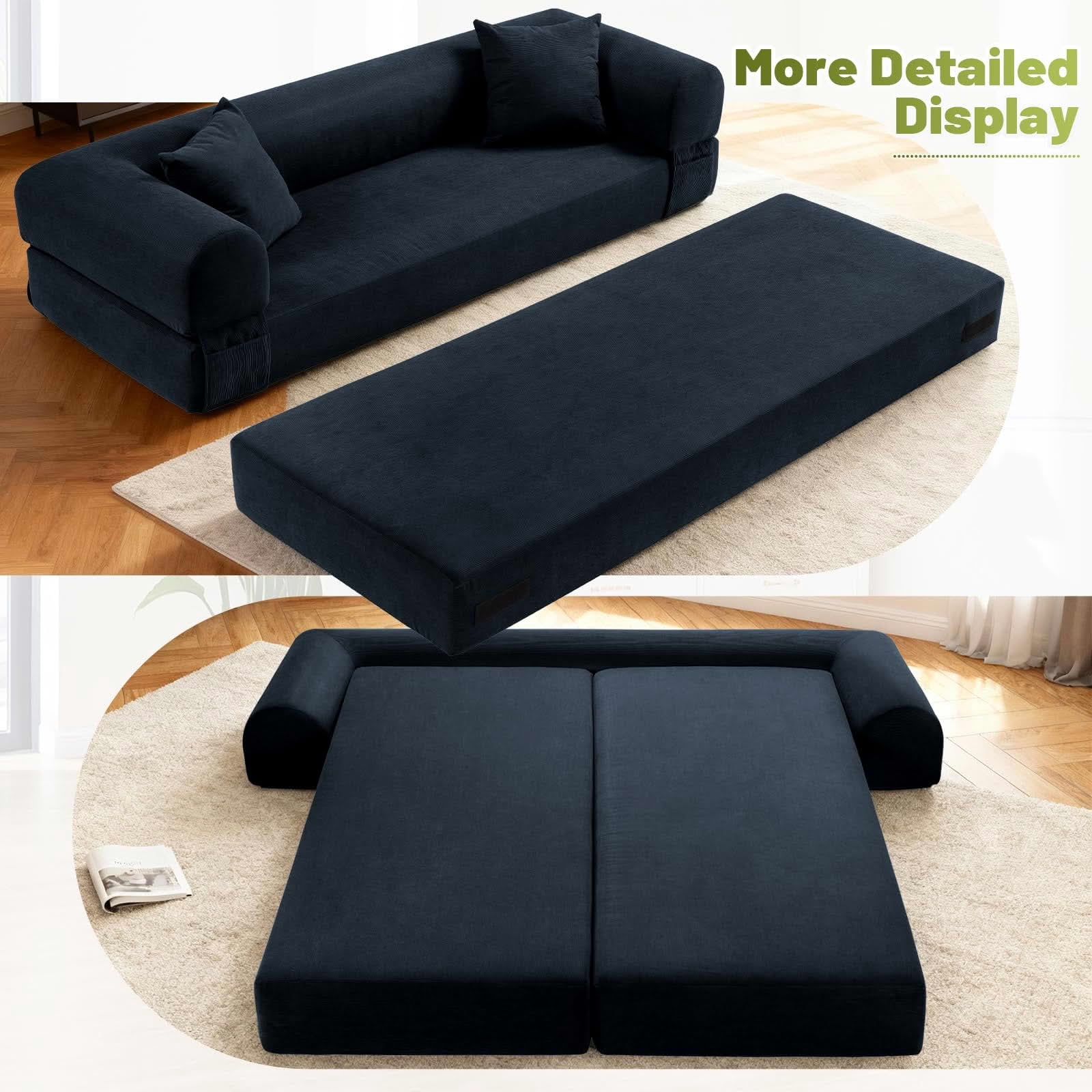 MAYEERTY 80" Dark Blue Corduroy Convertible Sofa Bed, 600lbs Queen Size Fold Out Sleeper Couch with Storage & No Assembly for Living Room