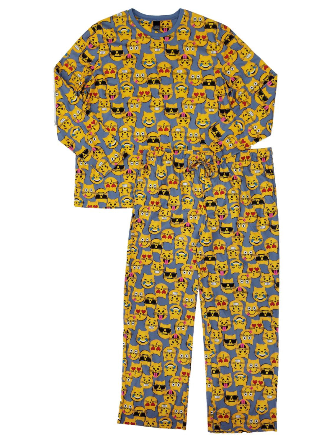 Cat Emoji Mens Cat Emoji Flannel Long Sleeve Shirt & Pants Sleepwear Pajama Set XLarge