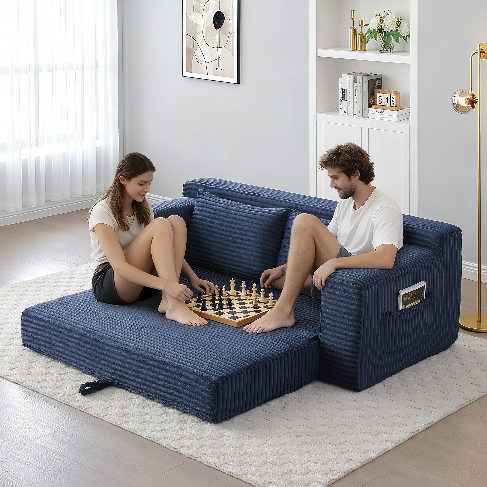 Aukfa 73" Chaise Futon Convertible Sofa Bed Boneless Couch, 2 Pillows&Side Pockets, Queen Size, Corduroy, Blue