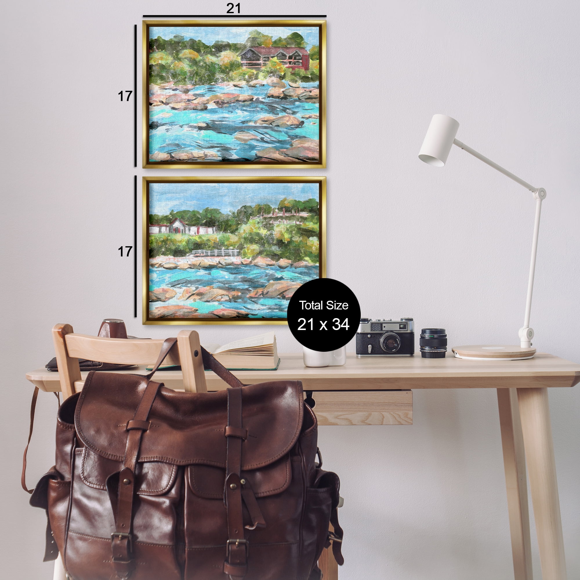 Stupell Industries Flowing River Rocks Nautical & Beach Painting Gold Floater Framed Canvas Art Print Wall Art, 21 x 17, Set of 2