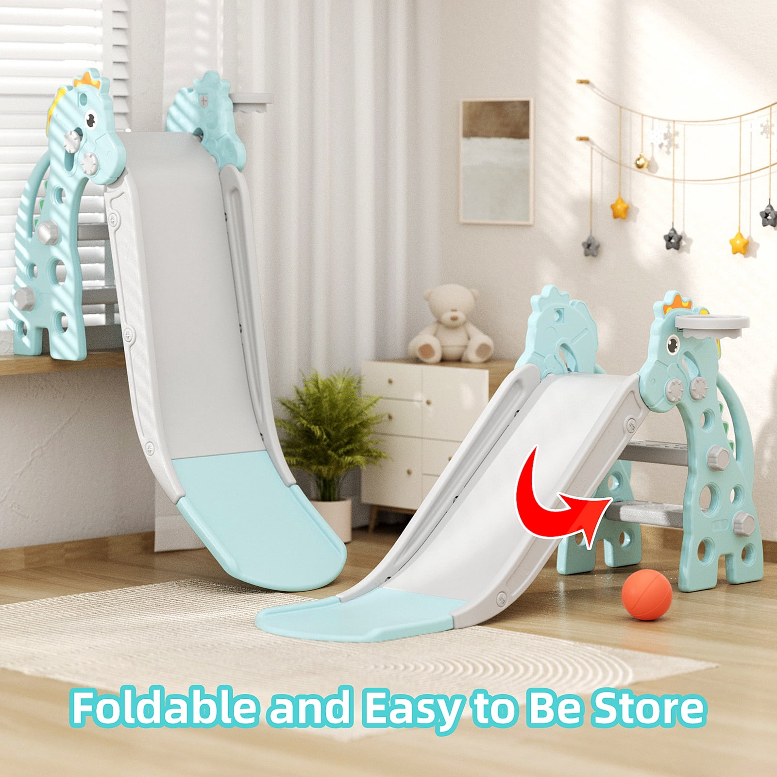 KORIMEFA Toddler Slide Indoor for Toddlers 1-3 Baby Slide Outdoor Playset with Basketball Hoop and Ball Plastic Foldable Slides for Kids Backyard Climber Set,Green