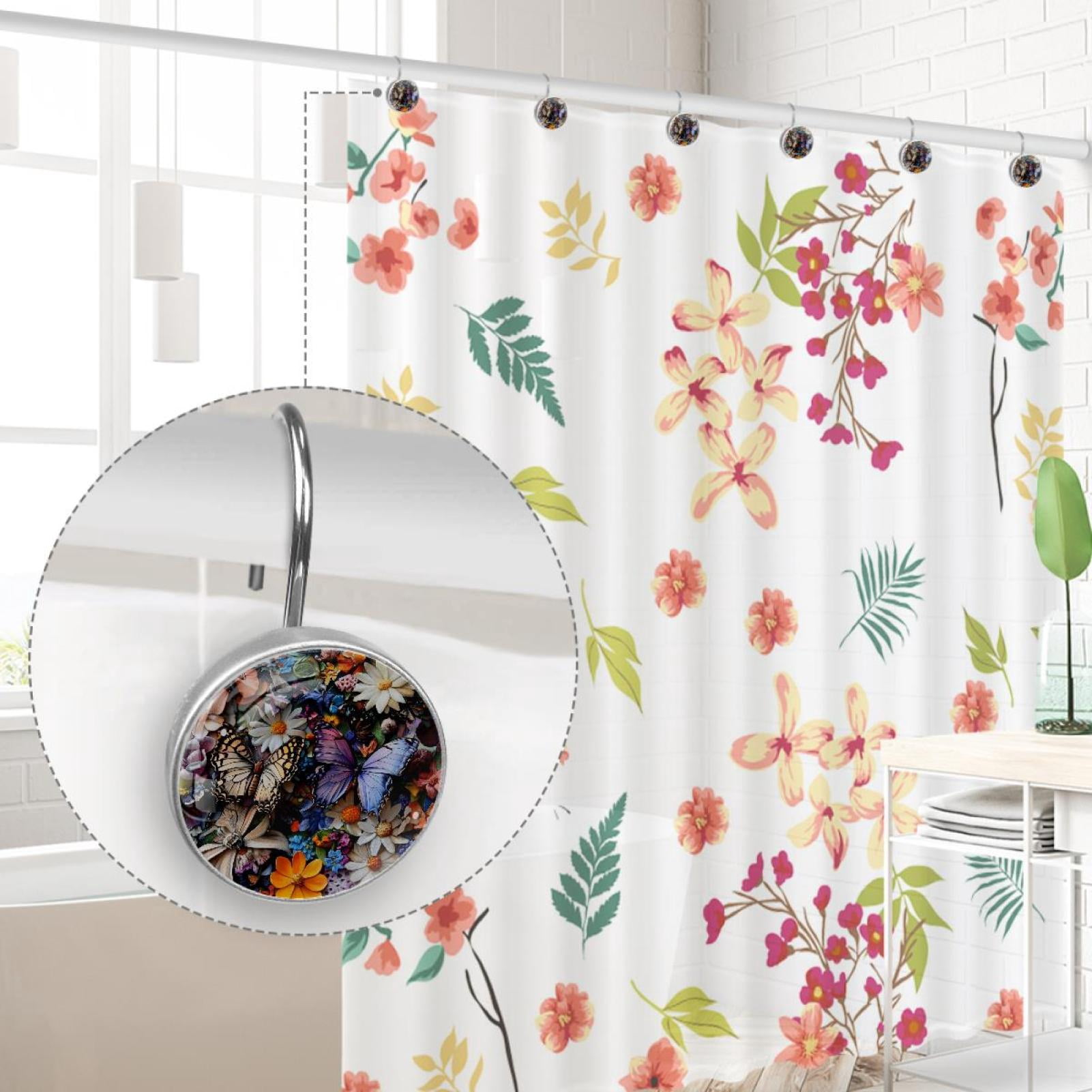 Bright Flowers and Butterfly Shower Curtain Hooks Round Crystal Glass, Set of 12 Shower Curtain Rings - Shower Hooks for Curtain Shower Rings