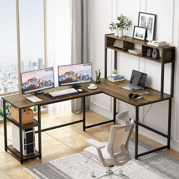 70 Large Corner Computer Desk L Shaped Home Office Gaming Table Study Writing Workstation With Hutch Storage Bookshelf Shelves And Cpu Stand Vintage Brown Com 70 Large Corner Computer Desk L Shaped, Large Corner Computer Desk With Storage