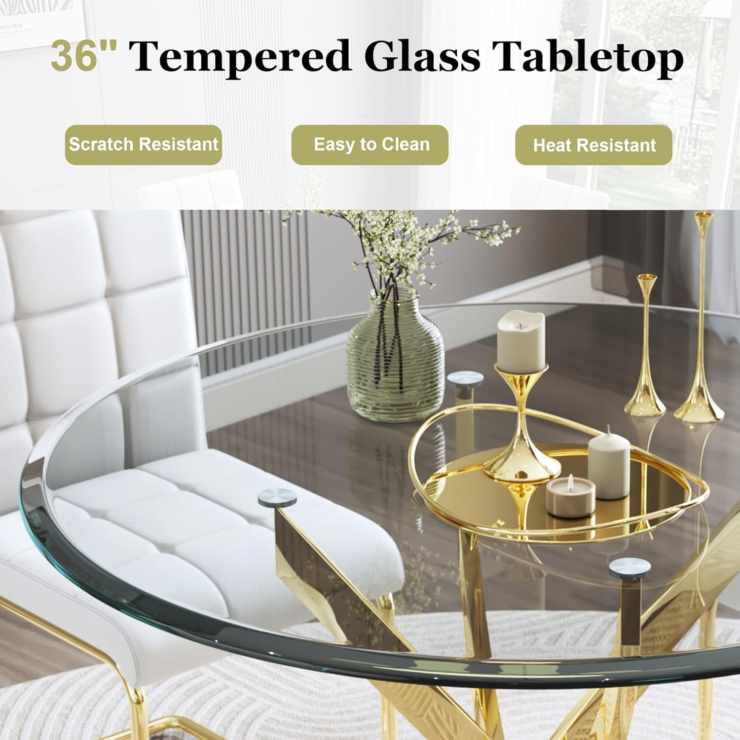 5-Piece Dining Table Set, 36" Round Clear Tempered Glass Table & 4 PU Cantilever Chairs with Stainless Steel Legs, Dining Table Set for Small Space, Apartment, Home Office