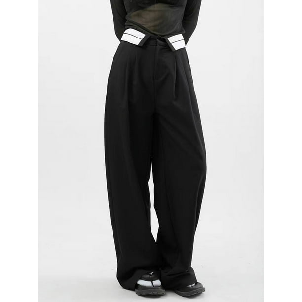 Pantalones de traje de color contrastante con cintura de diseño para mujer, pantalones de pierna ancha holgados y ajustados de cintura alta para primavera y otoño, tendencia ins