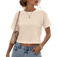 thumbnail image 5 of BODOAO Women's Crop Tee Shirts Crewneck Short Sleeve T-Shirts Pack Summer Casual Solid Slim Fit Active Workout Basic Plain Crop Tops Everyday Streetwear Apparel Beige L, 5 of 7