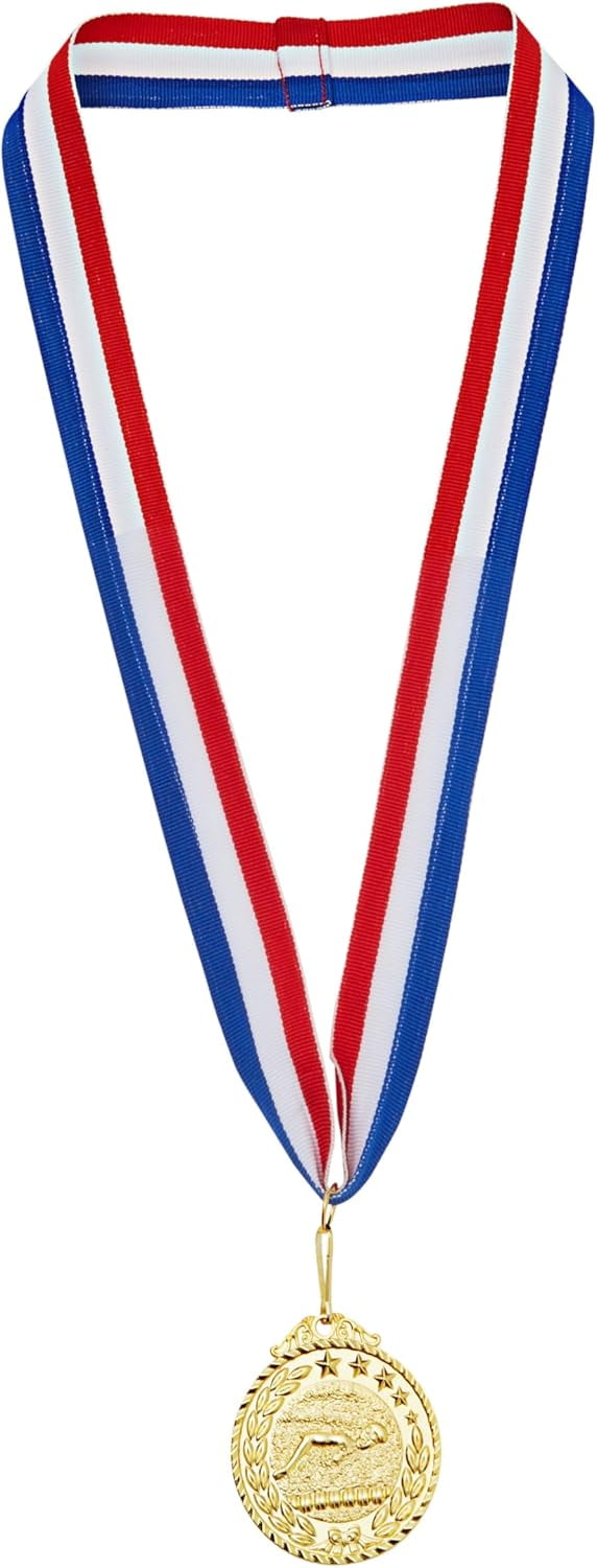 12 Pack Award Medals for Adults - Team Participation Trophies with Red, White, and Blue Striped Ribbon, Sports Themed Party Favors (2 in, Metal, Gold)
