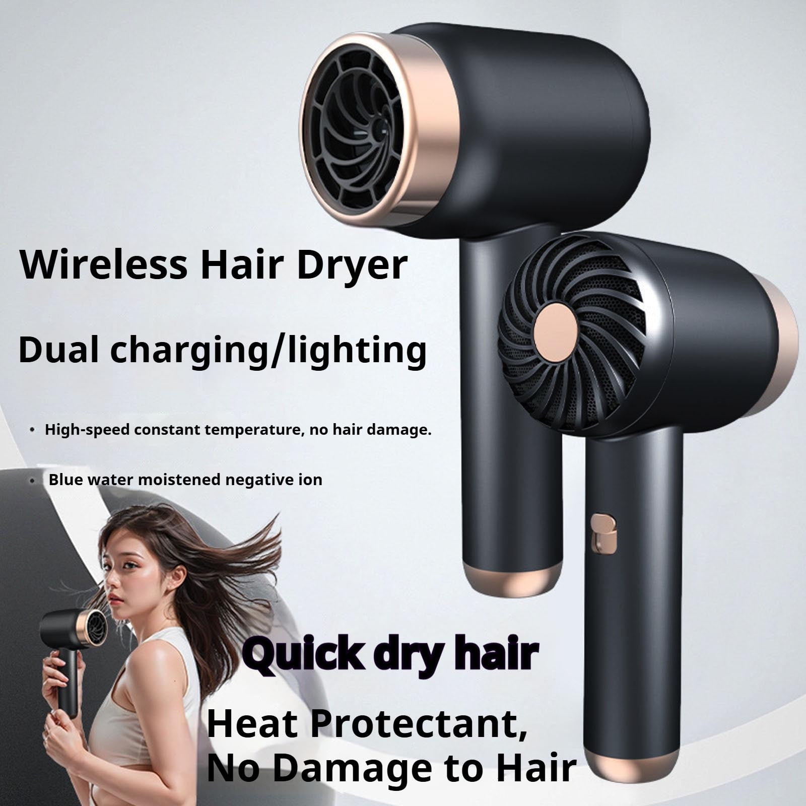 Portable Cordless Hair Dryer with Fast Drying Technology 3 Speed & Hot/Cold Air Bladeless Dryer for Travel & Home Use 26000 RPM High Speed Compact Hairdryer