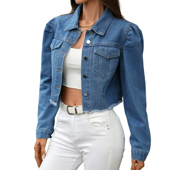 Women'S Button Down Long Sleeve Cropped Denim Jean Jacket with Pockets Blue XL