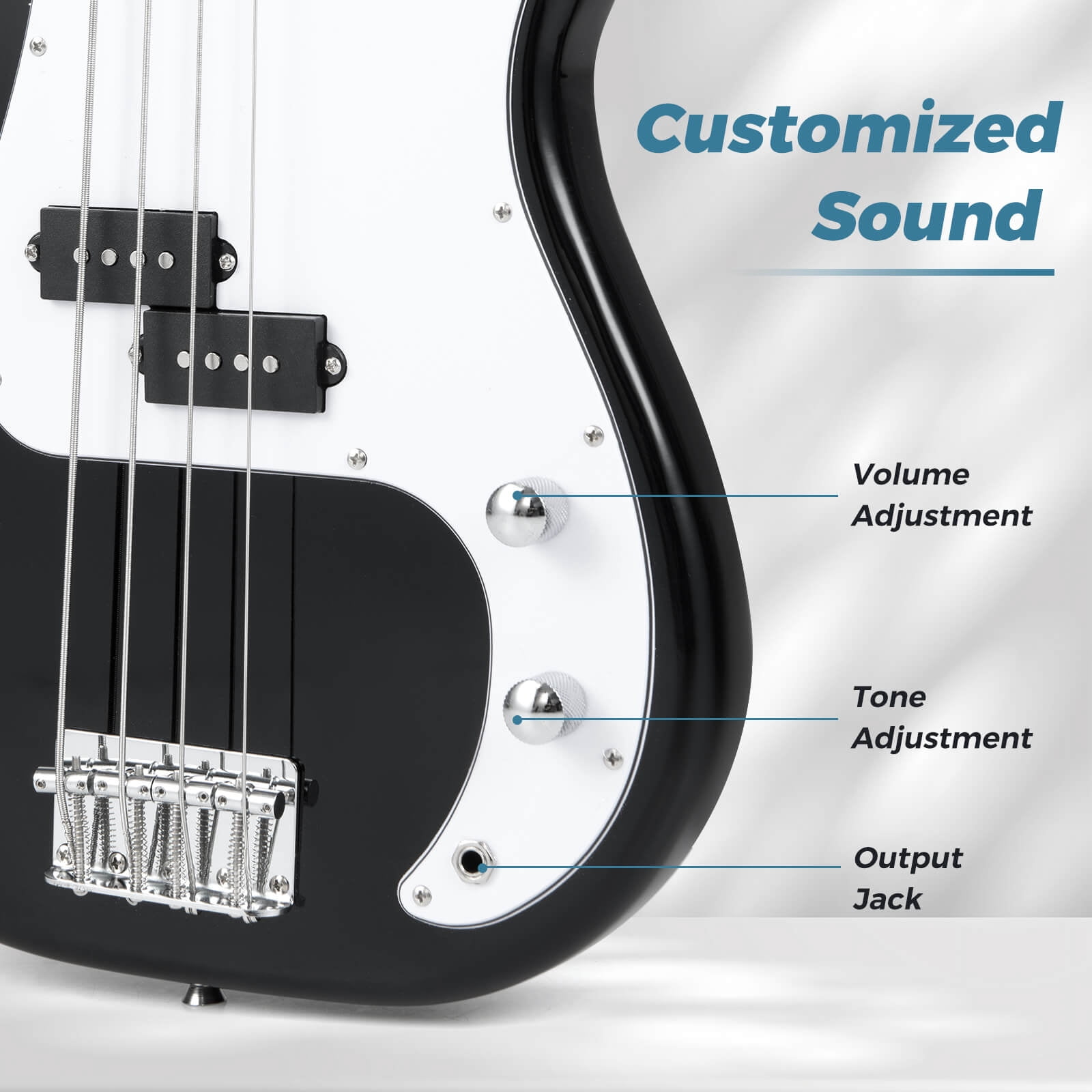 Costway 45.5” Electric Bass Guitar with Double Pickups, Open-gear Tuning, Gig Bag, Rope Black + White