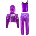 thumbnail image 2 of Doomiva Kids Girls Metallic Hip Hop Jazz Dance Outfit Asymmetrical Hem Cropped Hoodie with Camisole and Pants Set Purple 6, 2 of 5