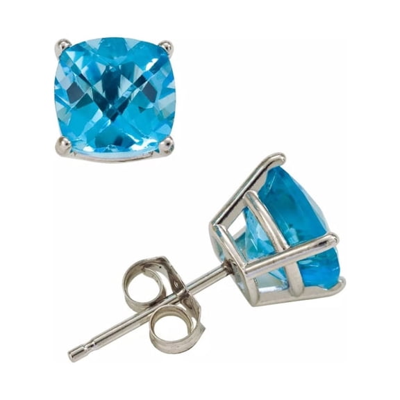 14k White Gold Plated Over Sterling Silver 4 Carat Square Created Blue Topaz Sapphire Stud Earrings