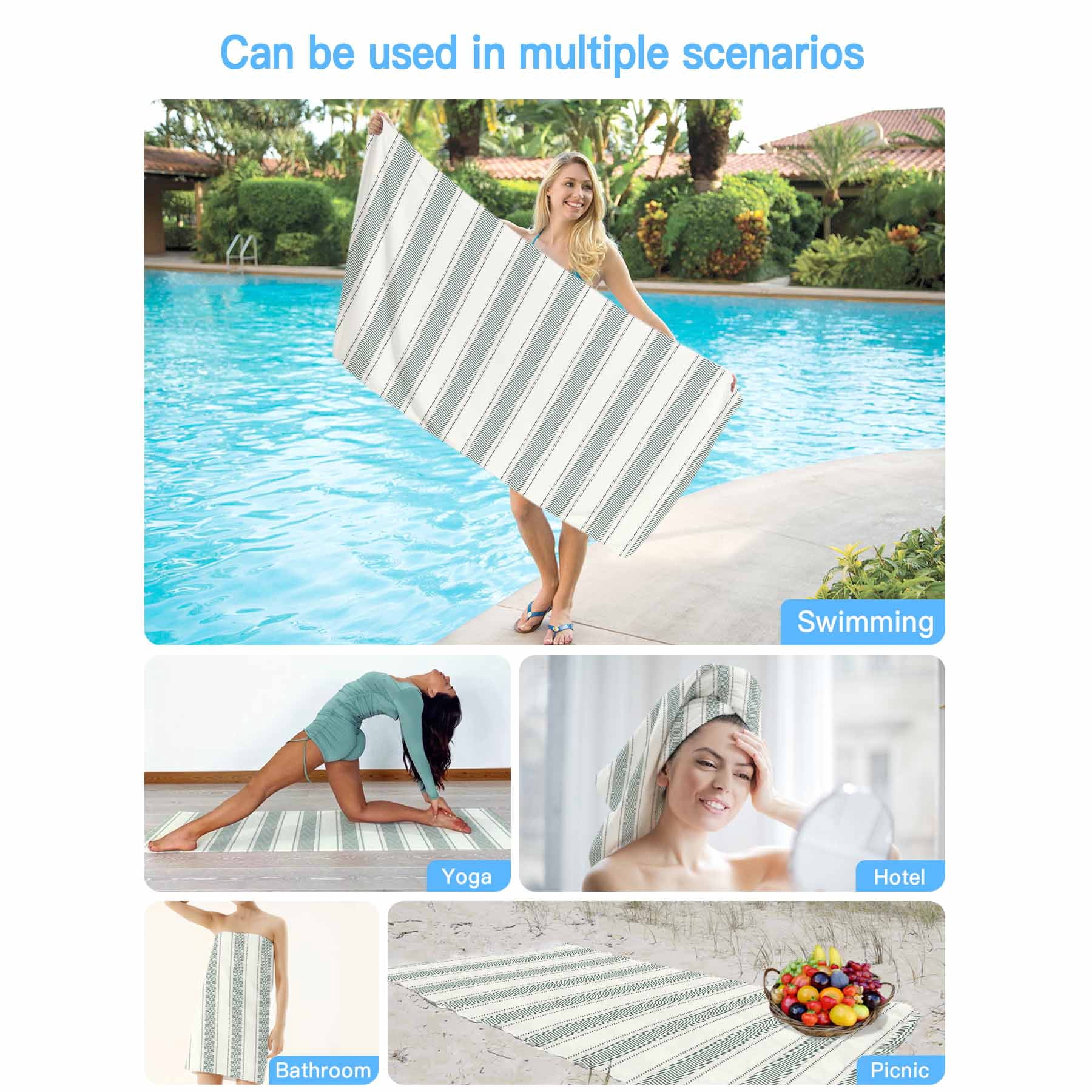 Beach Towel Sage Green Stripes Bath Pool Towels Vertical Striped Line Absorbent Beach Towel Soft Large Quick Dry Lightweight Camping Travel Sports Yoga Gym Swim Towels for Adult 35x70 Inch