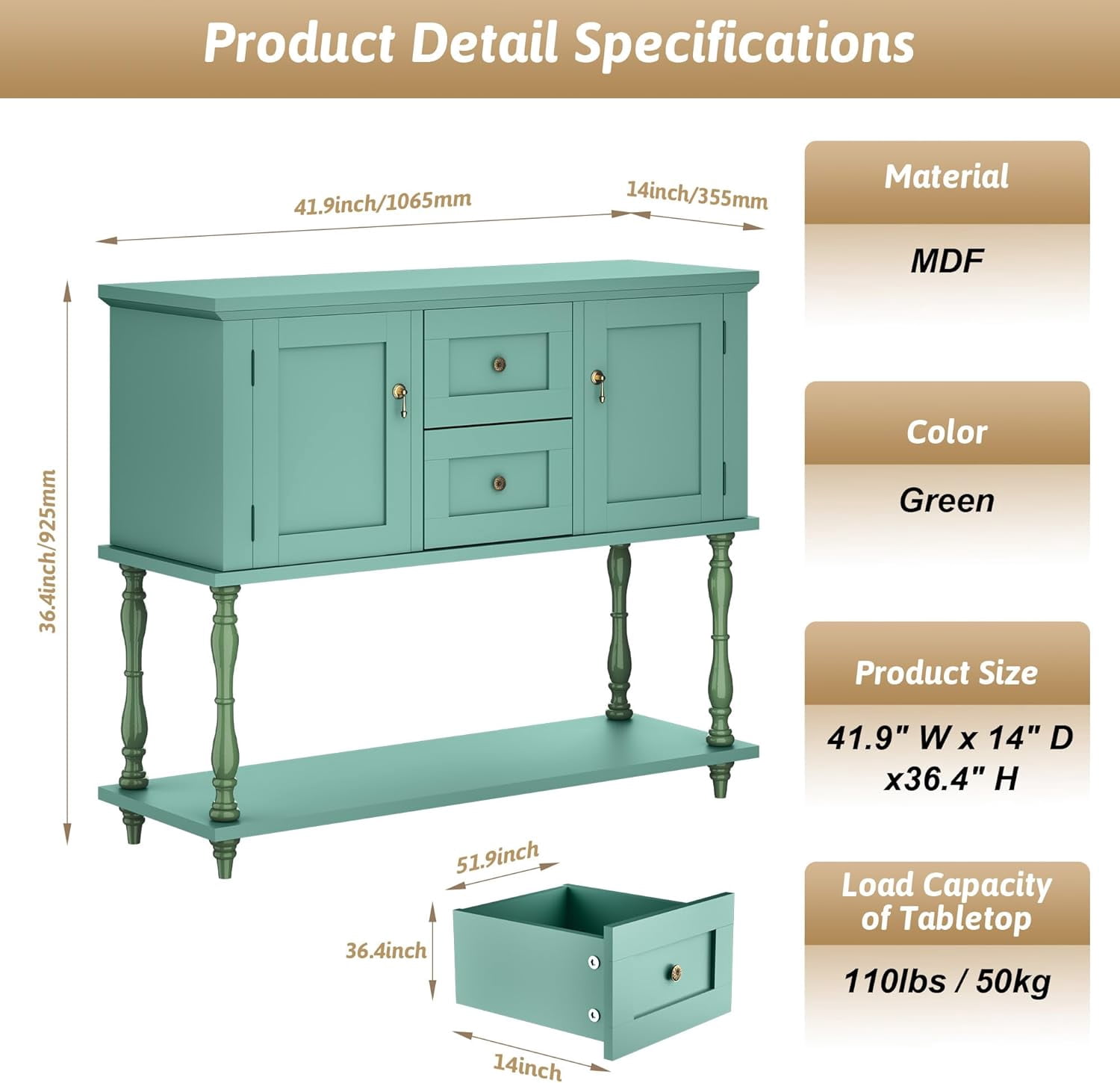 QinaQin Entryway Table with 2 Drawers,Vintage Console Table with Storage Shelf and 2 Doors,Farmhouse Buffet Sideboard Cabinet for Hallway,Entryway,Green