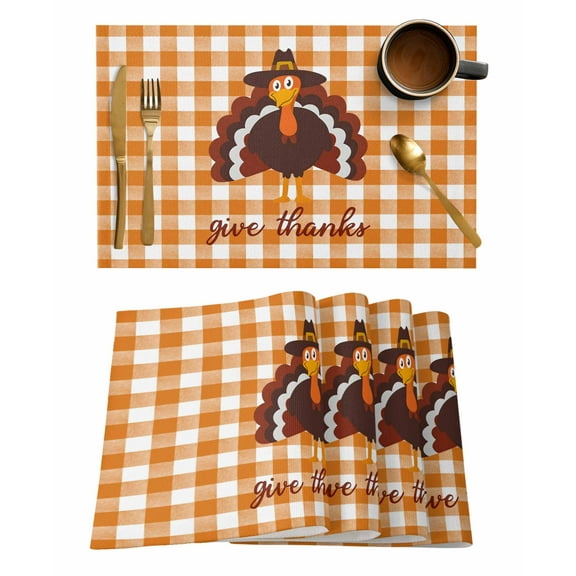 Placemats Set of 4 Give Thanks Thanksgiving Turkey Fall Orage Plaid Heat Insulation Washable Place Mats, Rustic Non-Slip Table Mats for Dining Table Party Kitchen Decor,13x19 Inch