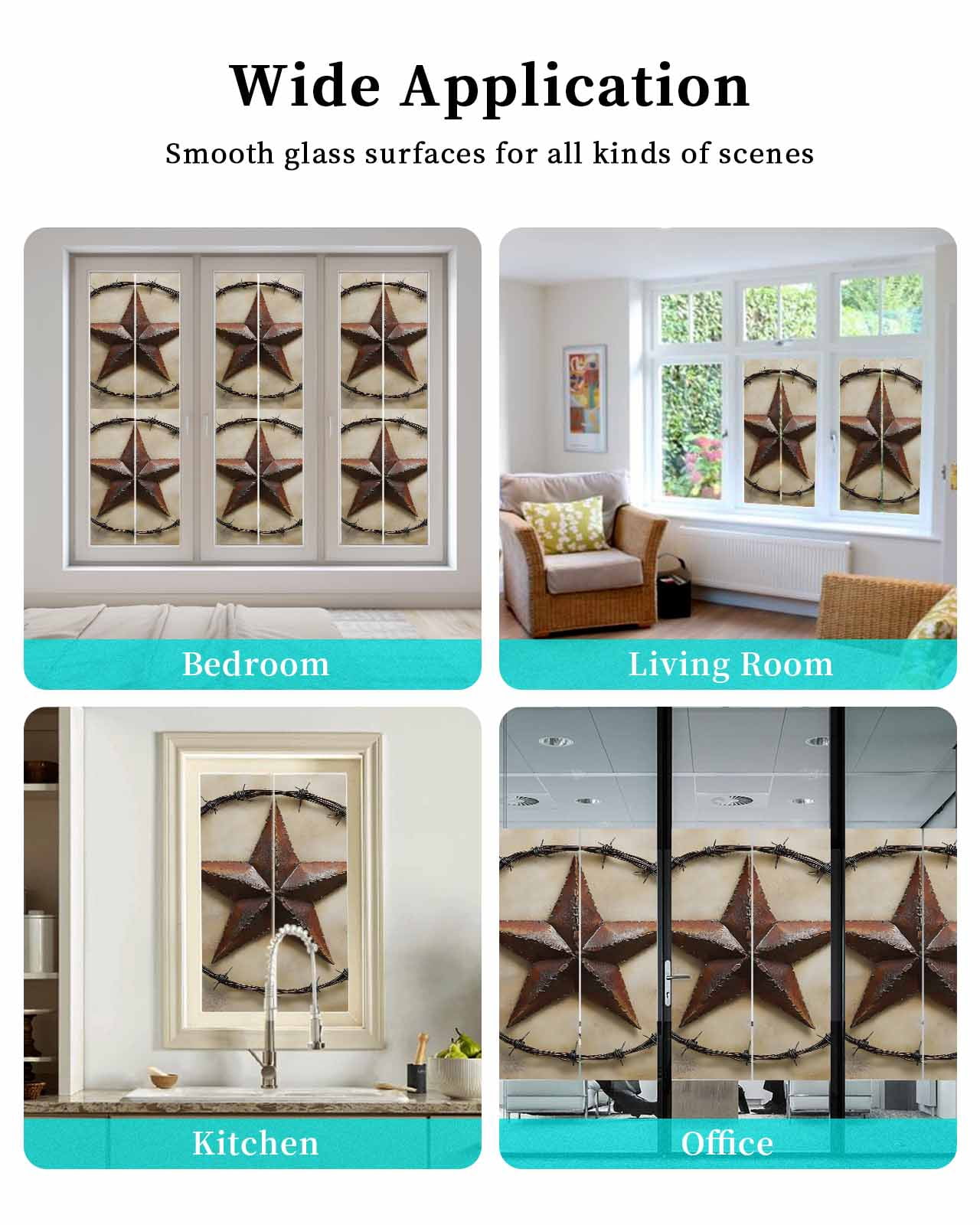 Window Privacy Film Country Star Retro Stained Glass Window Film Decorative Sun Block Window Cover Farmhouse Western Aesthetic Art Window Clings Static Adhesive Sticker for Bathroom 23.6"x59"