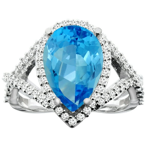 14K White Gold Natural Swiss Blue Topaz Ring Pear 12X8mm Diamond Accent, size 5.5