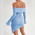 thumbnail image 6 of Delconic Off Shoulder Long Sleeve Bodycon Mini Dress for Women Asymmetrical Hem Ruched Textured Fabric Fitted Party Wear Light Blue M, 6 of 7