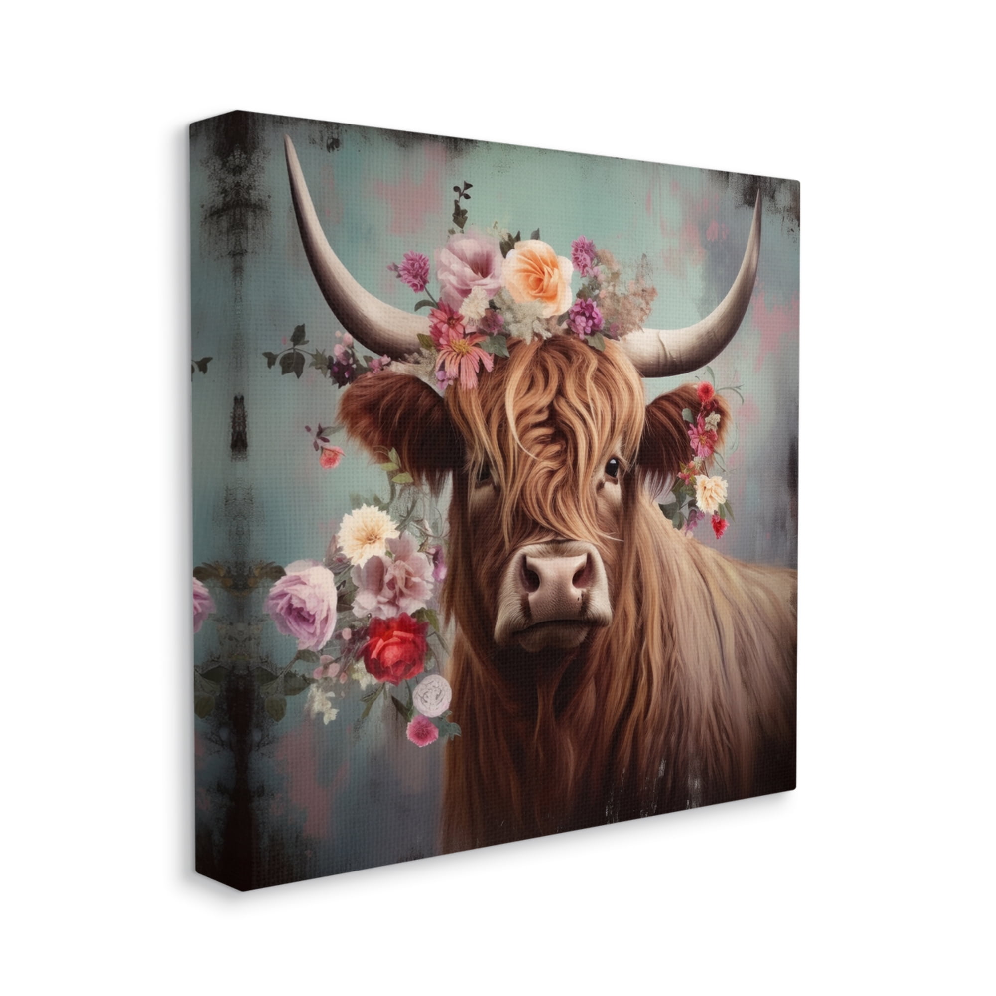 Stupell Industries Cow with Vintage Florals Animals & Insects Painting Gallery Wrapped Canvas Art Print Wall Art, 36 x 36