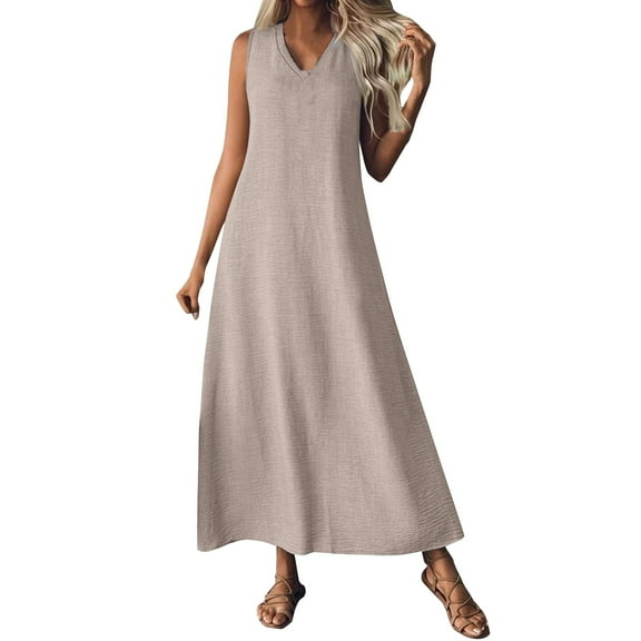GILIGEGE Women's Tank Dresses Sleeveless V Neck A-Line Casual Long Dresses 2025 Summer Maxi Dress Summer Dresses for Women 2025 Cotton Linen Maxi Dress Casual Sleeveless Solid Long Vacation Outfits