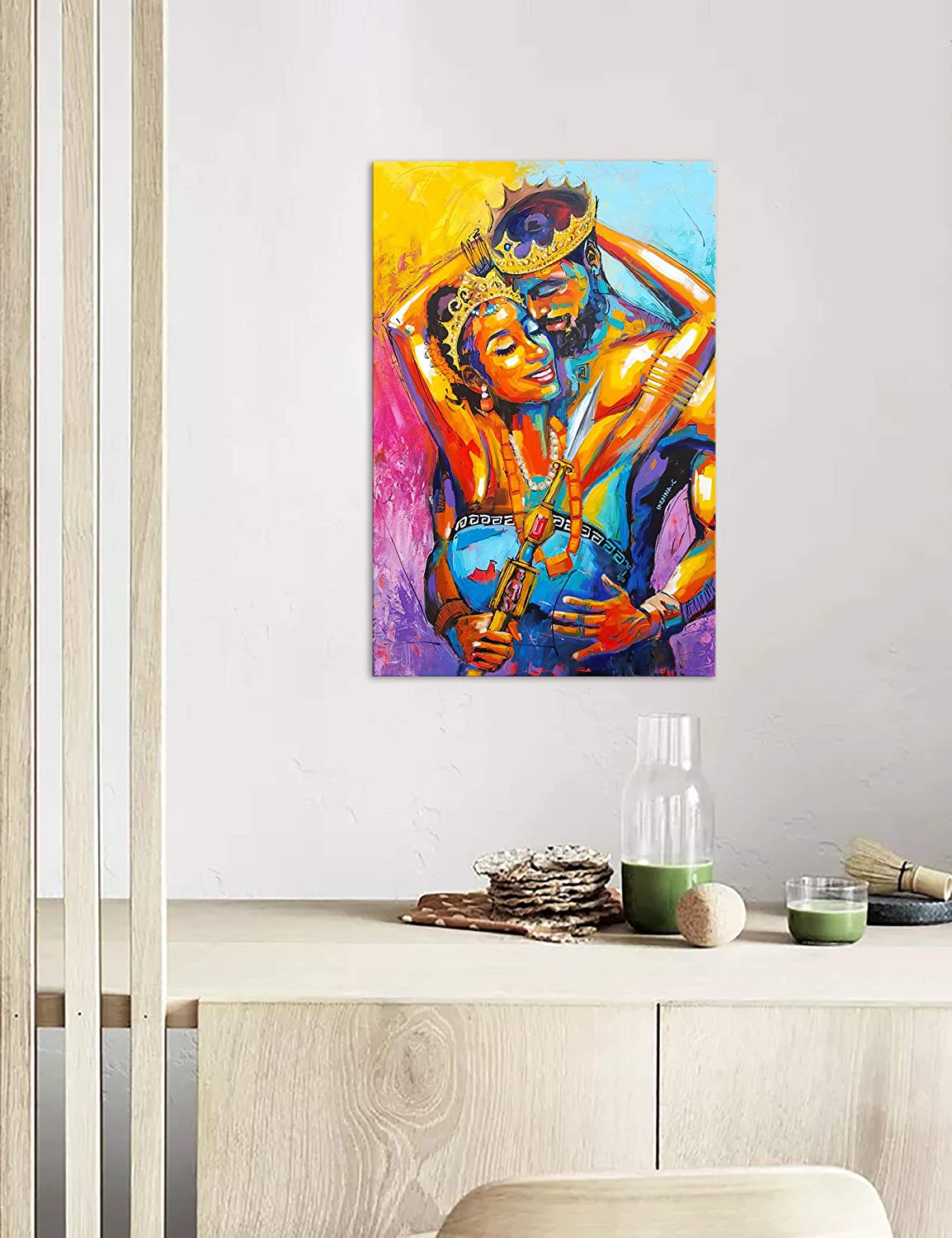 African American Canvas Art Print,Black Love King and Queen Wall Art Sexy Lover  Paintings for Wall,Egyptian Crown Framed Poster Drawing for Master Bedroom  Living Room Decor (12
