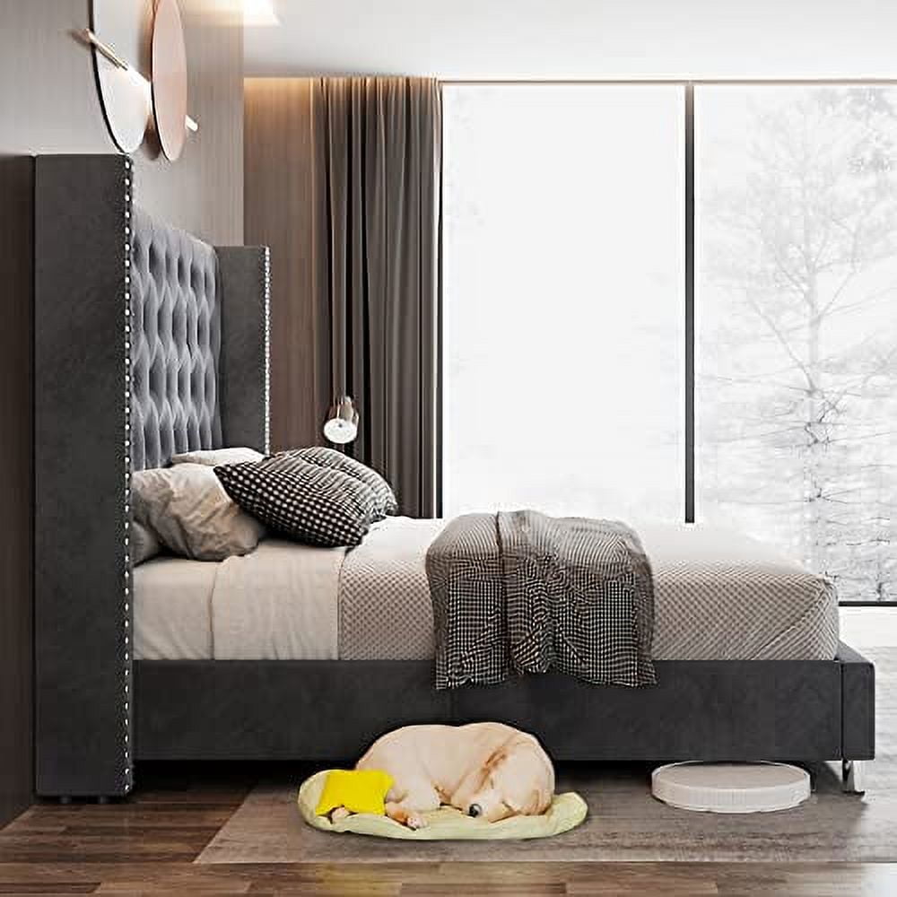 VanAcc Queen Upholstered Platform Bed Frame with Button Tufted Wingback Headboard, Velvet,Grey