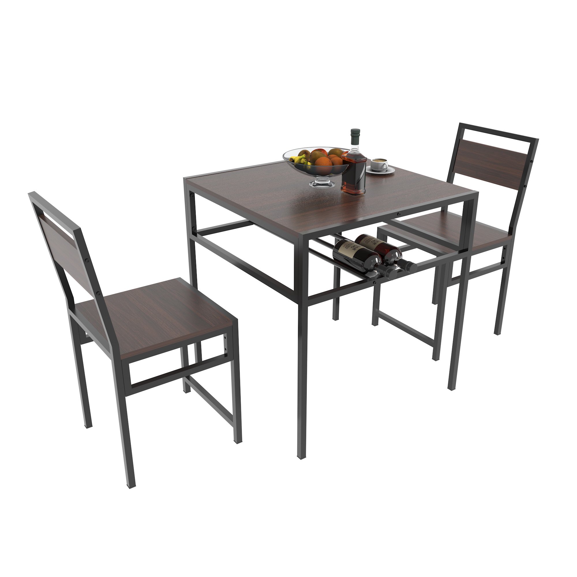 Walnut MDF+Metal Industrial Dining Table Set with 2 Chairs Small Square Kitchen Table with Storage Rack for Small Space Apartment